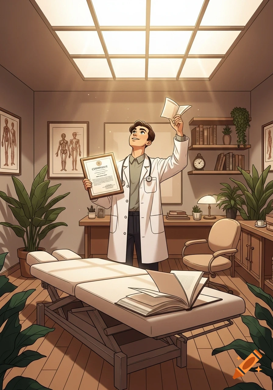 A happy cartoon doctor in a white lab coat holds up a certificate in a medical office with an examination table, plants, and anatomy posters.