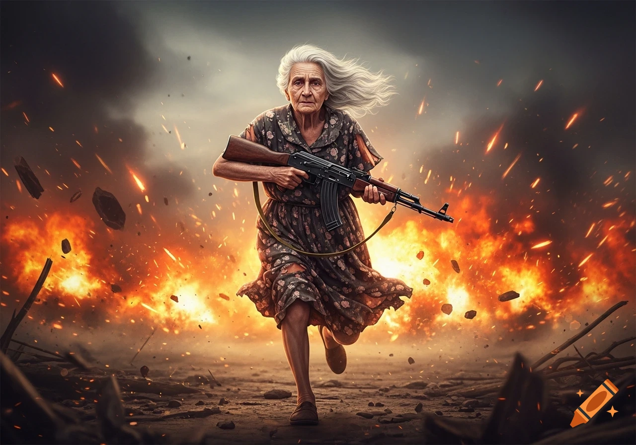 An elderly woman with white hair runs forward, clutching an AK-47, with a fiery explosion and debris erupting behind her.