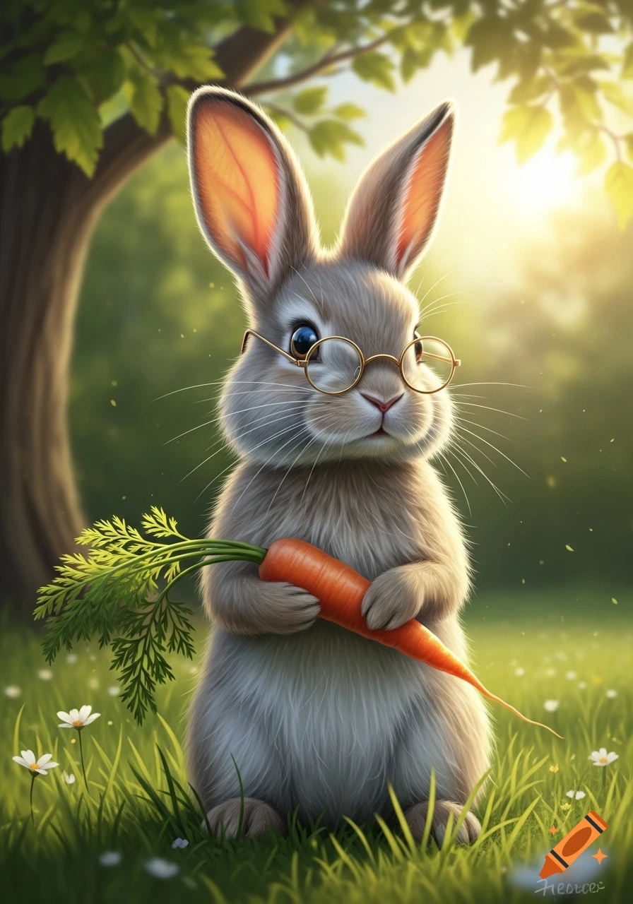A fluffy grey rabbit wearing round glasses holds an orange carrot with green leaves in a sunny green field.