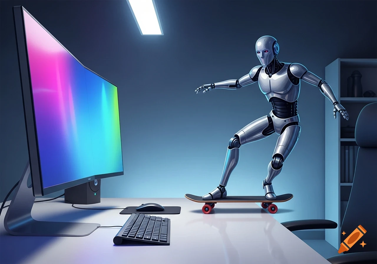 A silver robot skateboards on an office desk next to a computer monitor displaying colorful lights, a keyboard, and a mouse.