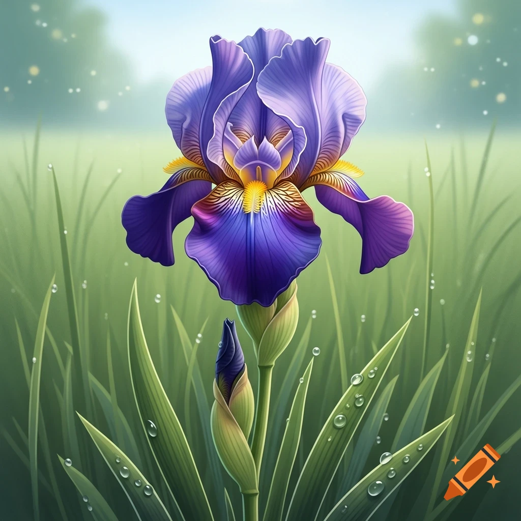 A vibrant purple iris flower with yellow and white accents, surrounded by green grass with dewdrops, under a soft blue sky.