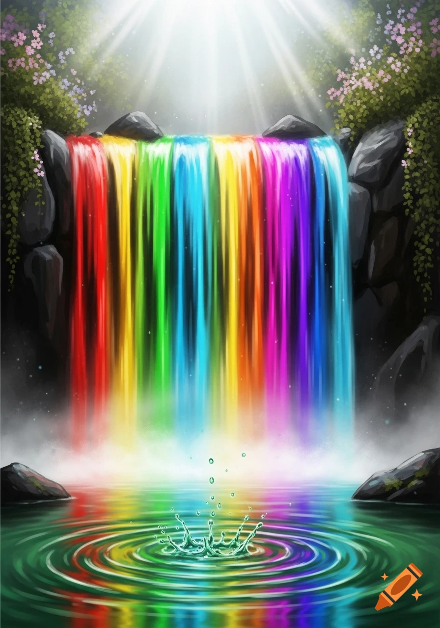 A vibrant rainbow waterfall cascades into a pool, creating colorful ripples under bright rays of light.