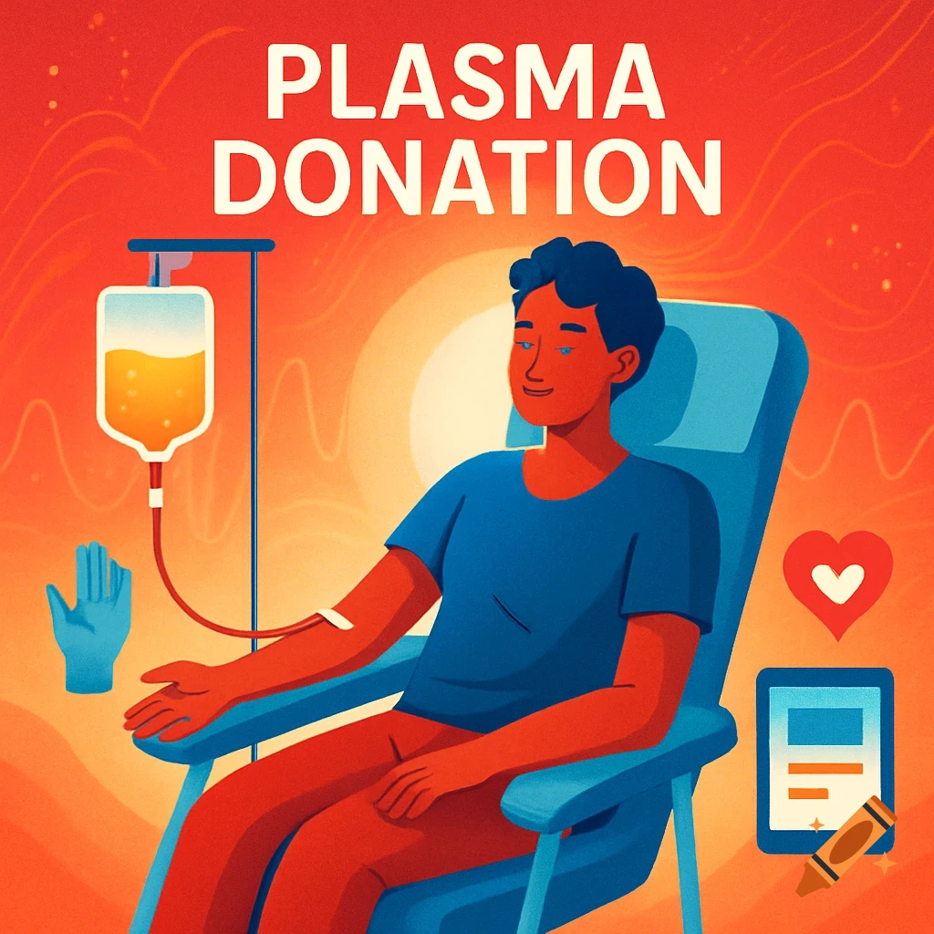 A flat illustration of a person sitting in a chair donating plasma, with 'PLASMA DONATION' text.