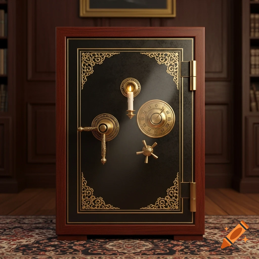 A detailed Victorian-style safe with a combination dial, ornate gold handle, and a lit candle on its door, set in a wood-paneled room.