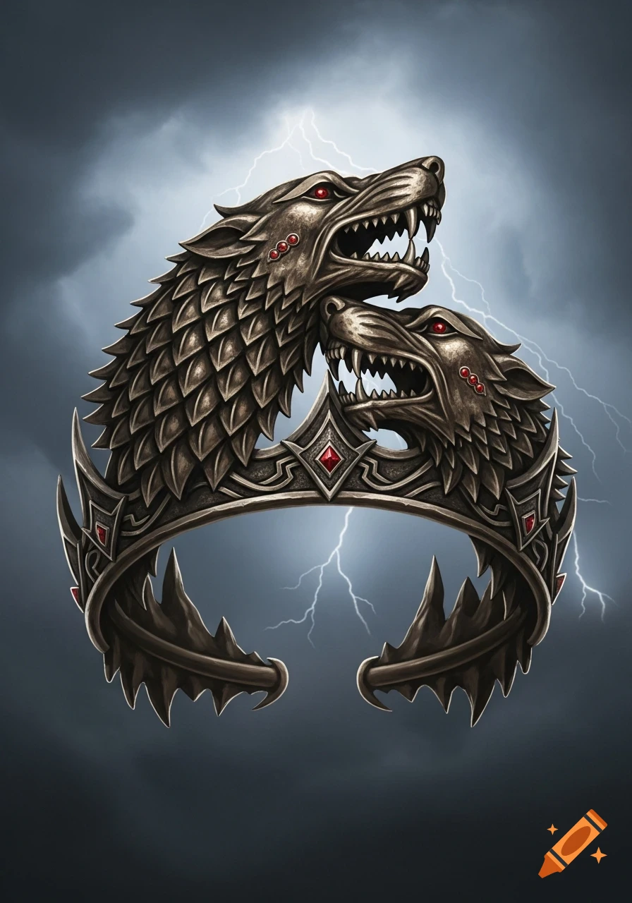 A detailed bronze crown crafted with two snarling wolf heads featuring red eyes and ruby-like gems, set against a stormy sky with lightning.