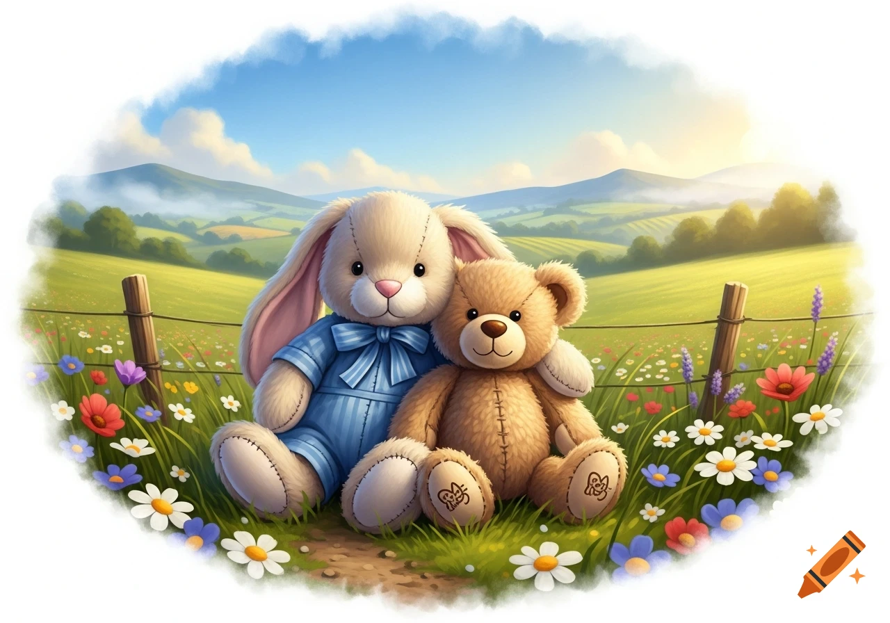 A plush bunny and teddy bear sit side-by-side in a field of wildflowers with rolling green hills in a charming illustration.