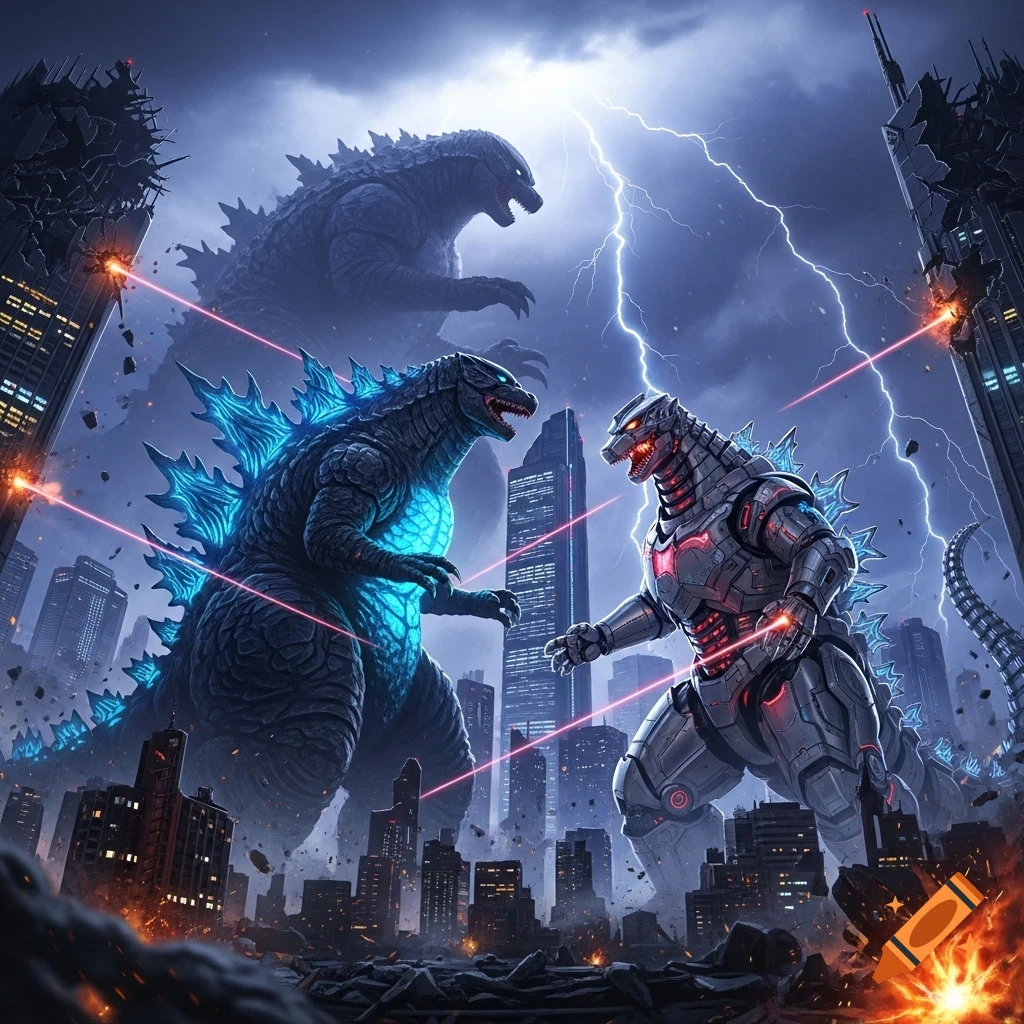 Godzilla and MechaGodzilla fight in a futuristic, ruined city under a stormy sky with lightning. A large, darker Godzilla-like figure looms in the background.