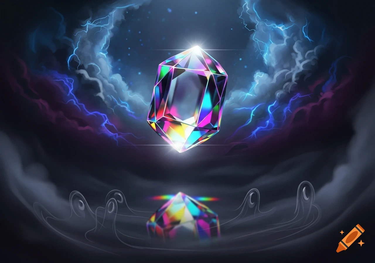 A glowing, multifaceted rainbow crystal floats above dark, stormy clouds with lightning, reflected on a hazy surface below.