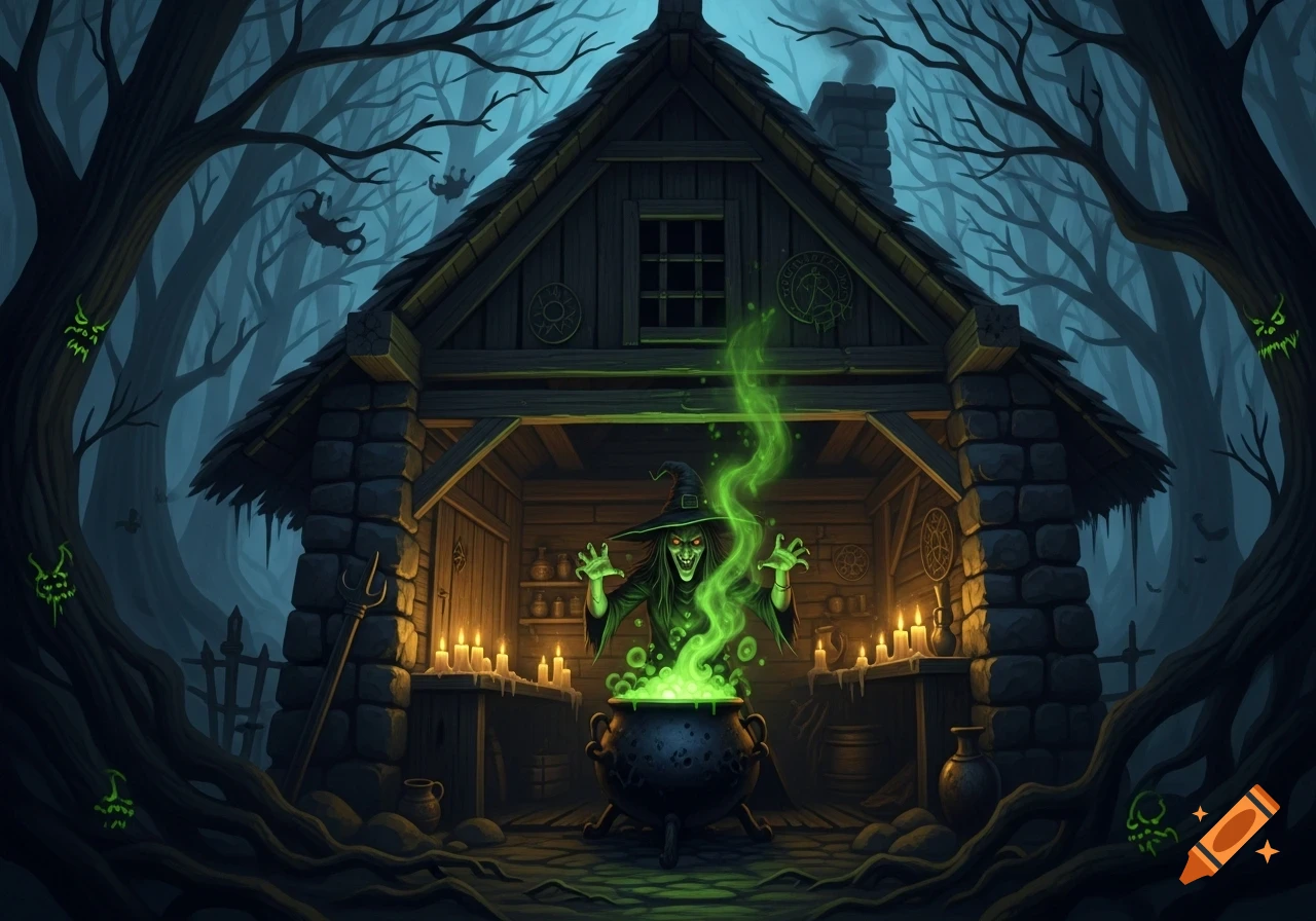 A scary witch with glowing red eyes casting a spell in a bubbling cauldron inside a dark, rustic cabin in a spooky forest.