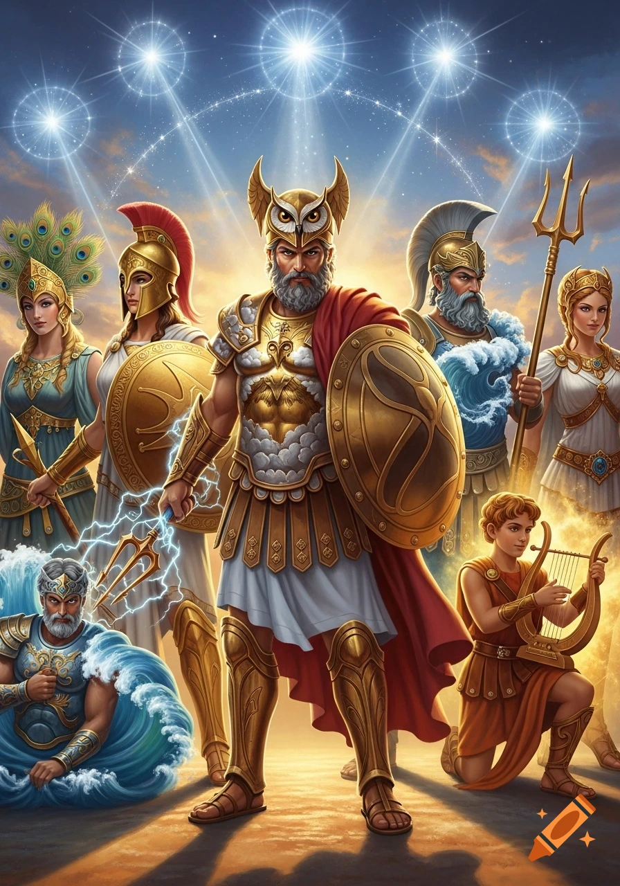 Illustration of several Greek gods in golden armor, including Zeus, Athena, Poseidon, and Apollo, under a starry sky.