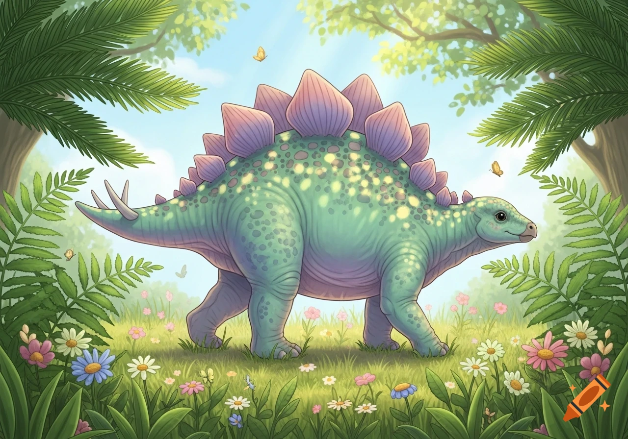 A cute green and purple stegosaurus stands in a sunny, flower-filled forest with ferns and trees, in a cartoon style.