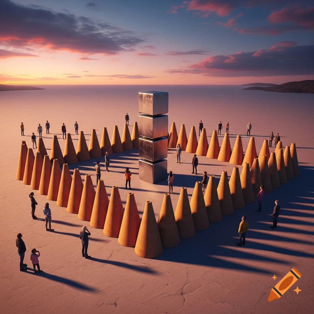 A surreal scene at sunset with a circular formation of orange cones surrounding three stacked metal cubes in a vast, flat desert, with many small figures of people around the cones.