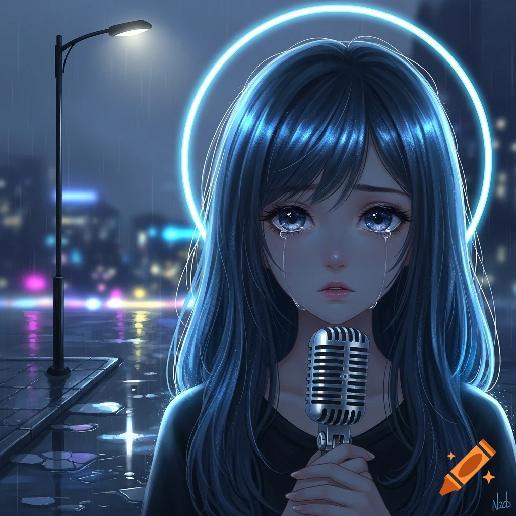 An anime girl with blue hair and a glowing blue halo cries while holding a microphone in the rain at night, with city lights in the background.