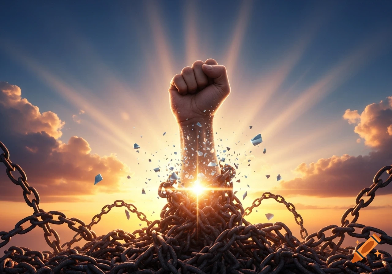 A powerful raised fist breaks free from heavy chains against a dramatic sunrise sky, symbolizing freedom and strength.