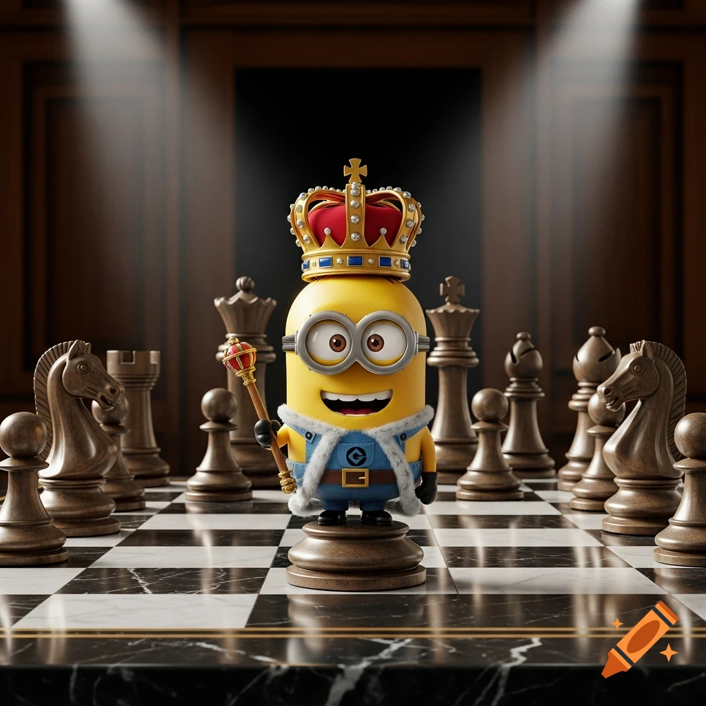 A smiling Minion character dressed as a king with a crown, scepter, and cape, standing on a chessboard as a king piece.