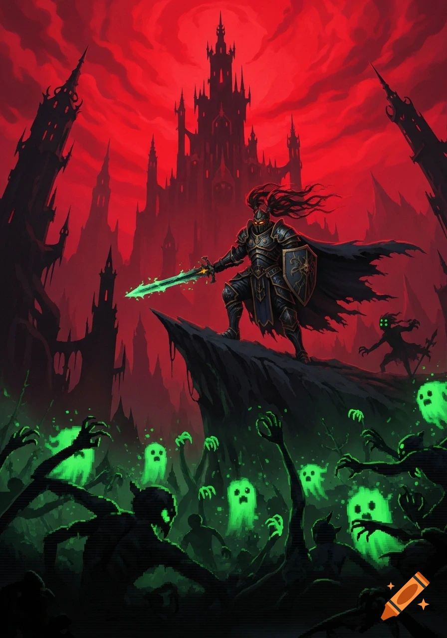 A dark knight with a glowing green sword stands on a rock, facing an army of pixelated green ghosts and zombies under a red sky with a gothic castle.