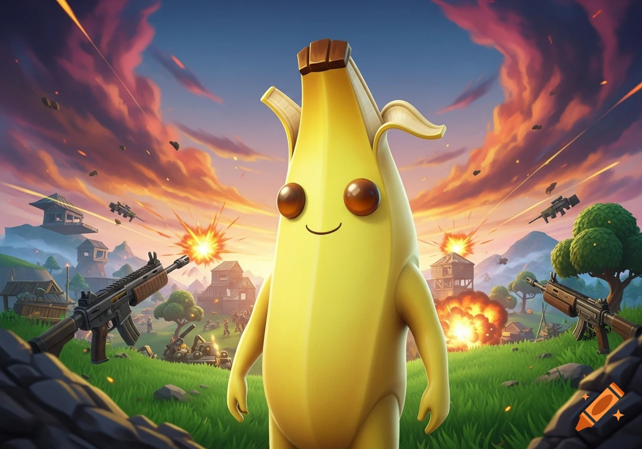 Peely from Fortnite smiles amidst a cartoon battle scene with weapons, explosions, and wooden buildings under a dramatic sky.