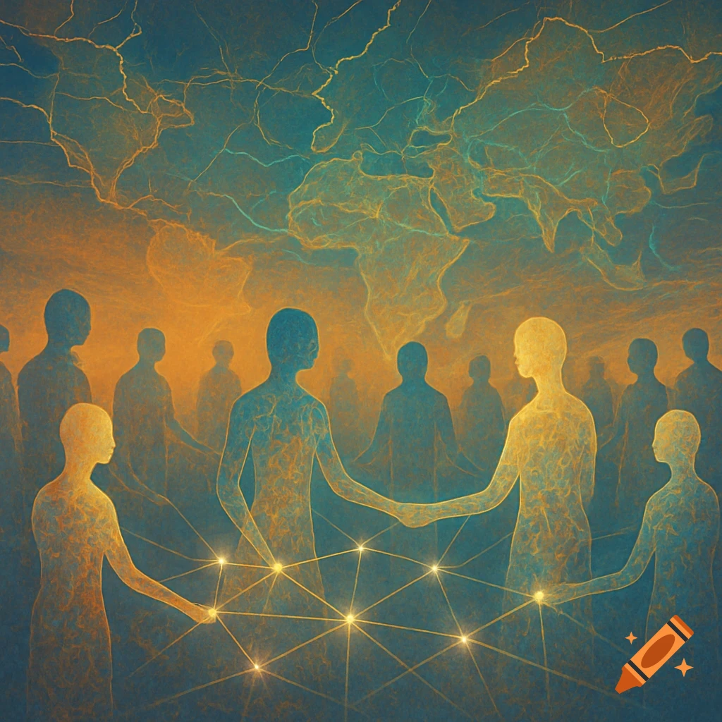 Abstract human silhouettes connect with glowing lines under a world map pattern, in blue and orange fractal textures.