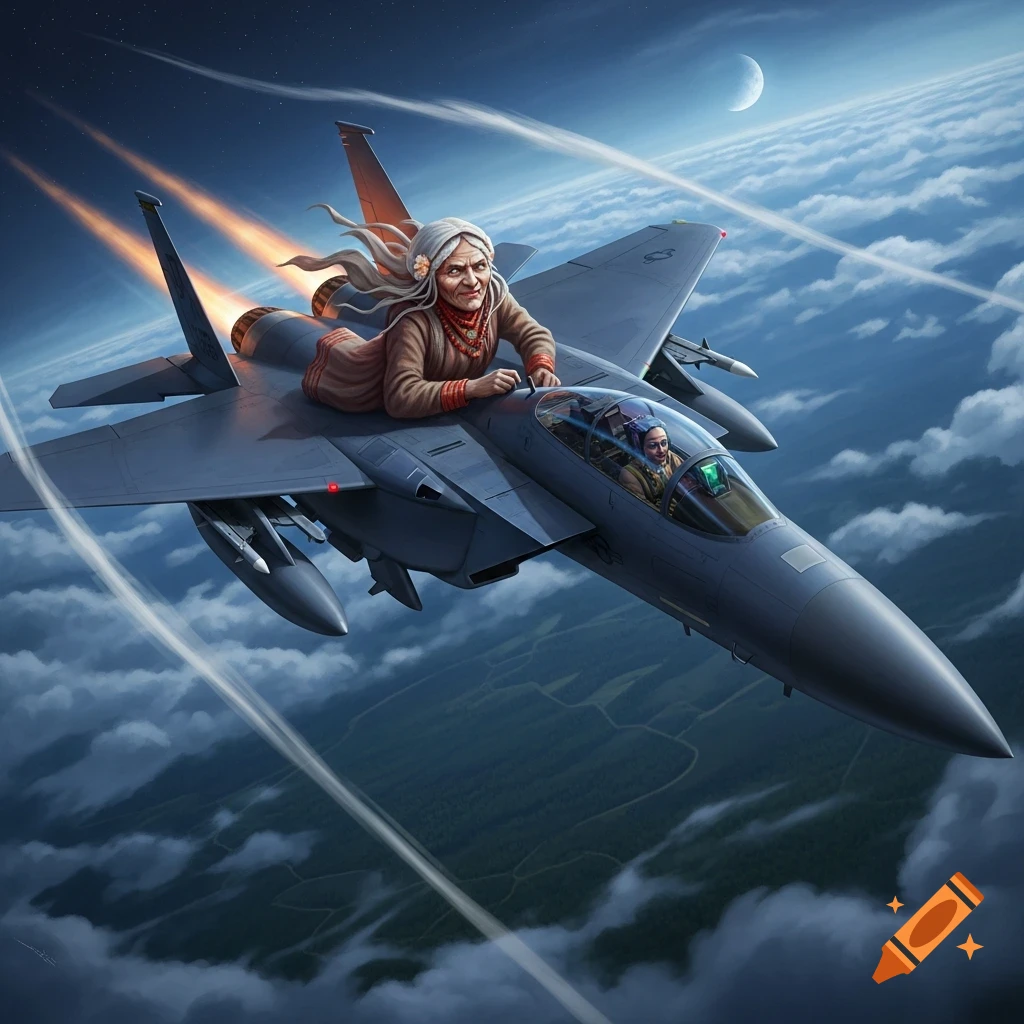 Baba Yaga rides atop an F-15E fighter jet, flying high above clouds under a crescent moon in a fantasy illustration.