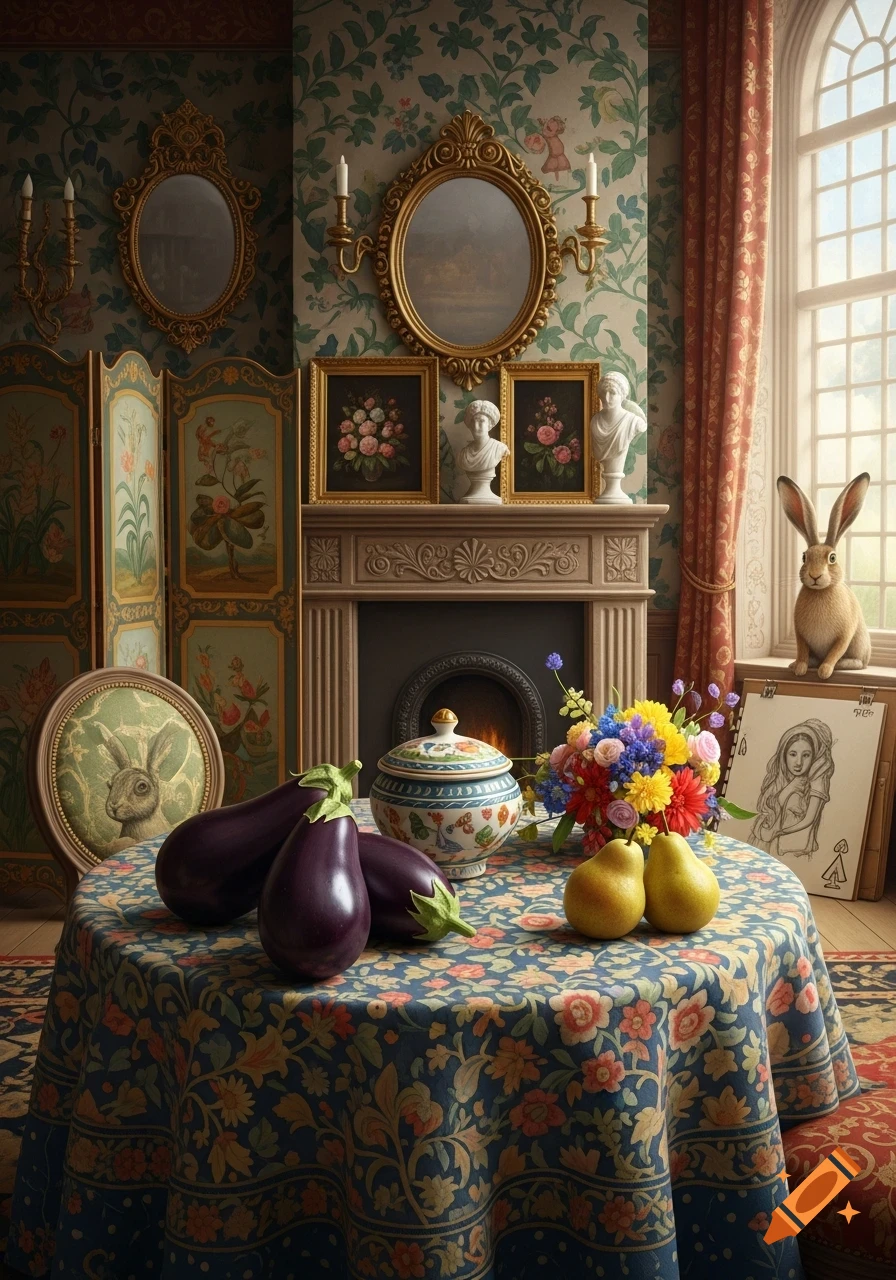 An ornate Alice in Wonderland-themed interior with a table set with ...