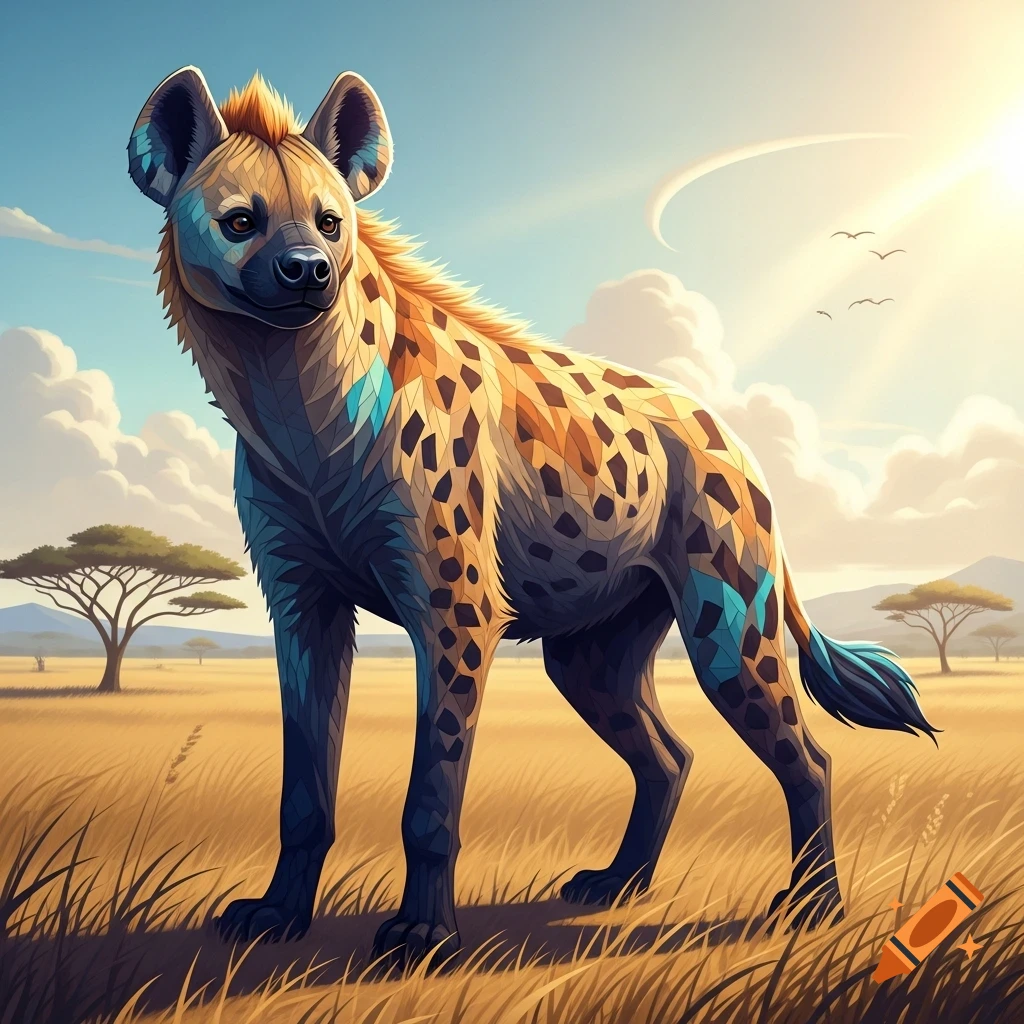 A stylized hyena with geometric fur patterns stands in a sunlit savannah.
