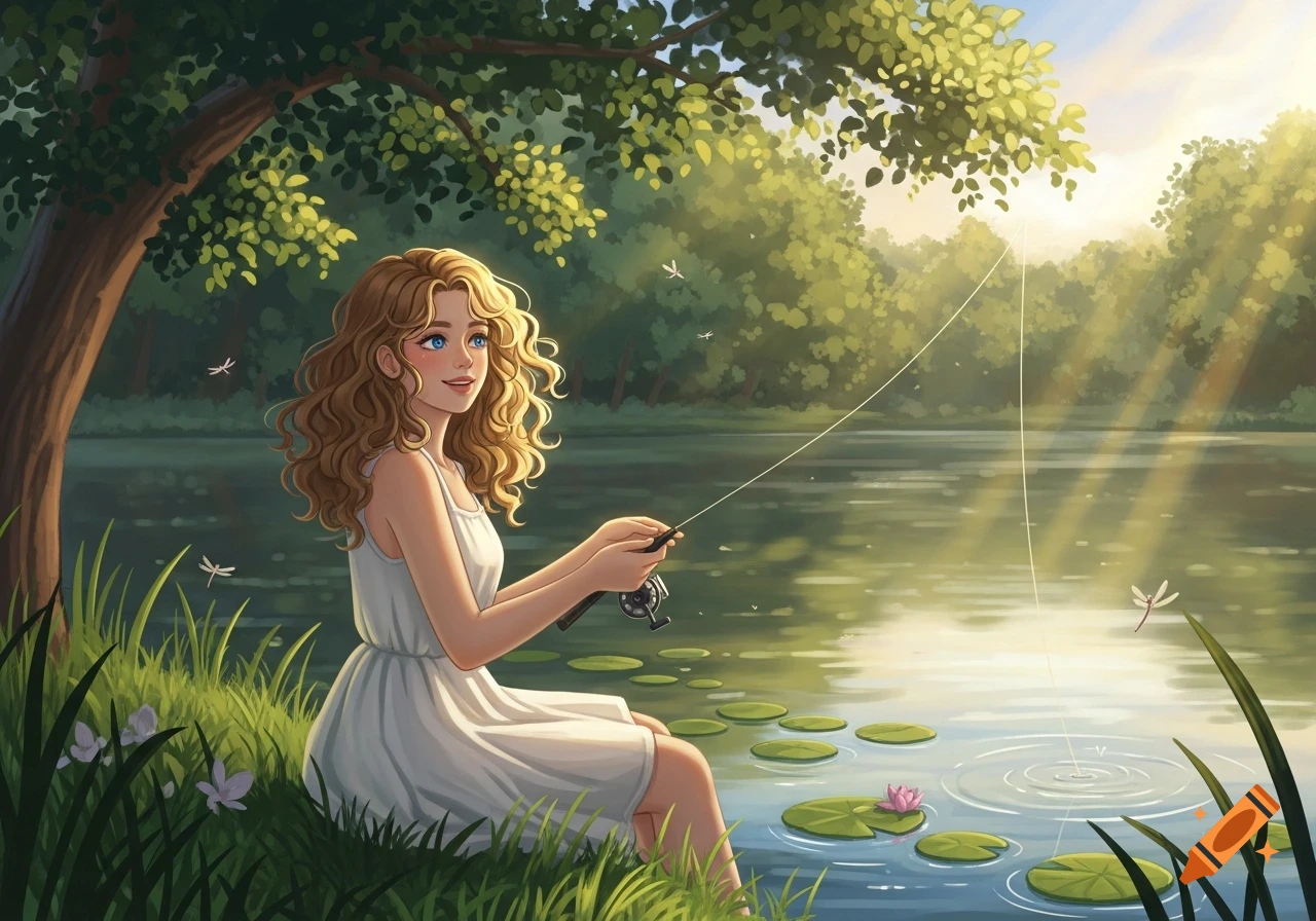 A smiling young woman with curly blonde hair fishing by a sunlit lake under a tree, cartoon style.