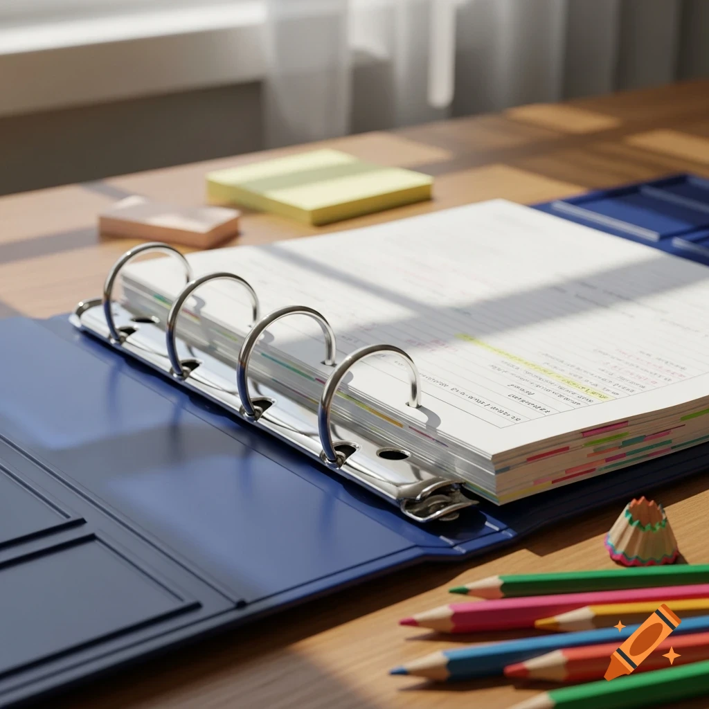 A blue three-ring binder open on a wooden desk, filled with paper marked with notes and colorful tabs. Pencils and sticky notes are nearby.