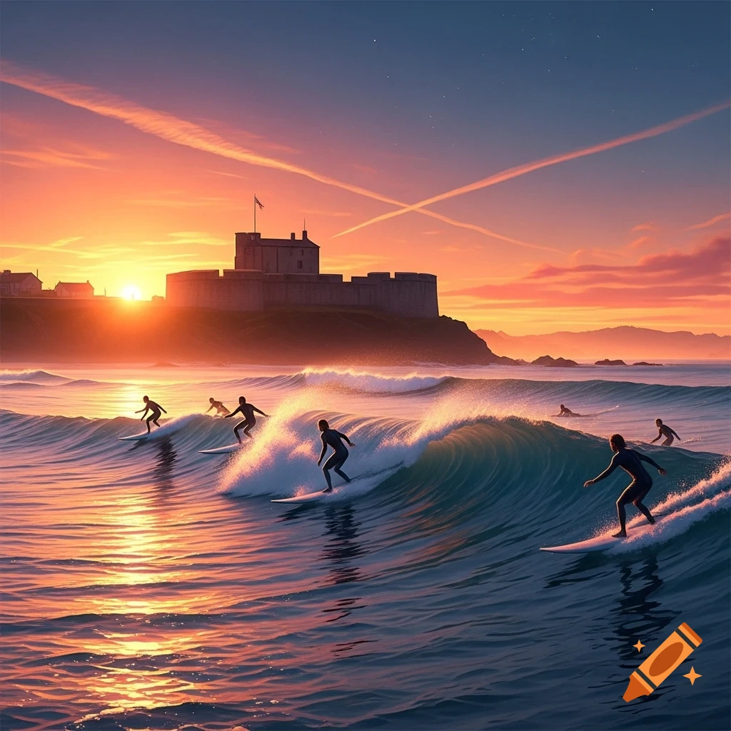 Surfers riding waves in the ocean at sunset with a historic fort in the background, in warm tones.