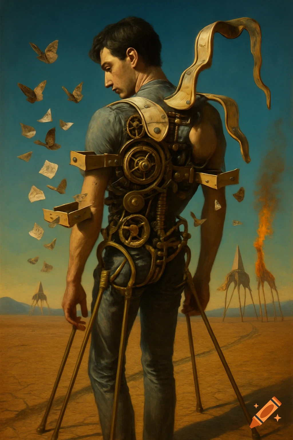 Surreal oil painting of a man in a desert wearing a biomechanical exoskeleton, with moths and notes flying from his ribs, and strange creatures in the distance.