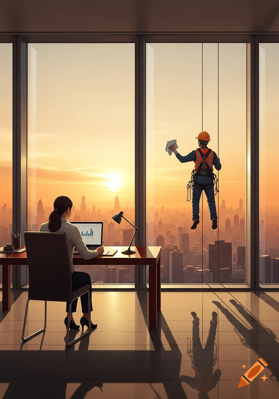 A woman works at a desk overlooking a cityscape at sunset, while a window cleaner rappels outside the skyscraper window.