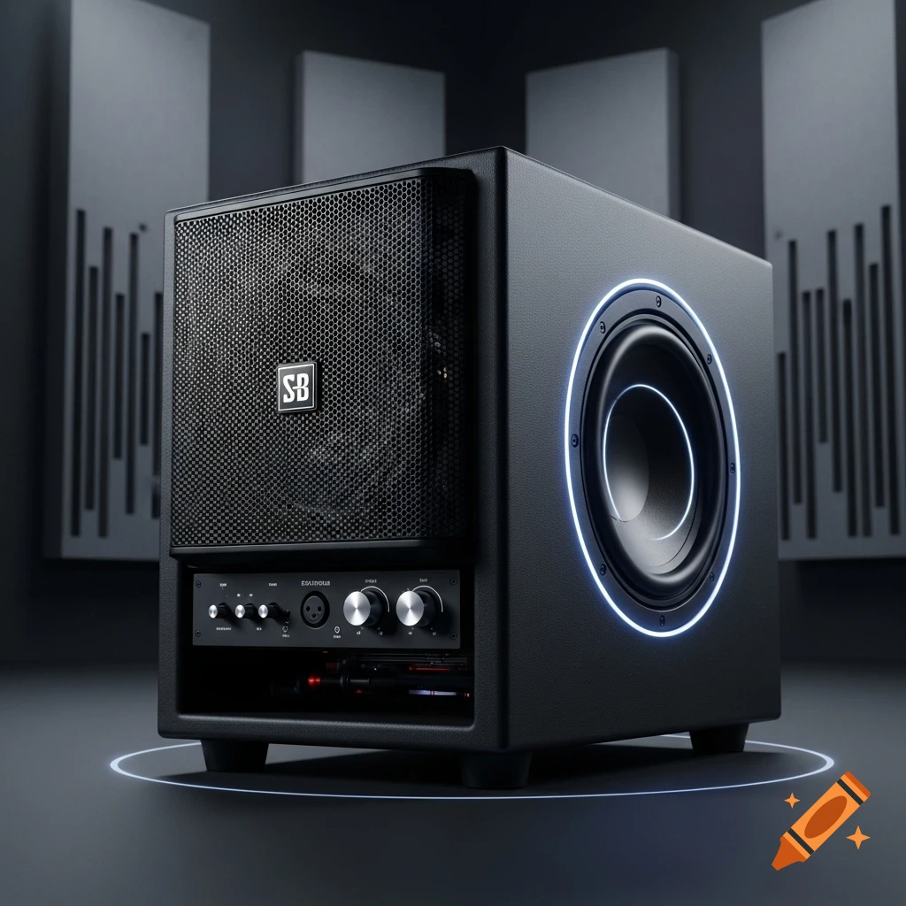 A black subwoofer with a glowing blue ring around its main speaker, an 'SB' logo on a separate grille, and a control panel. Photorealistic style.