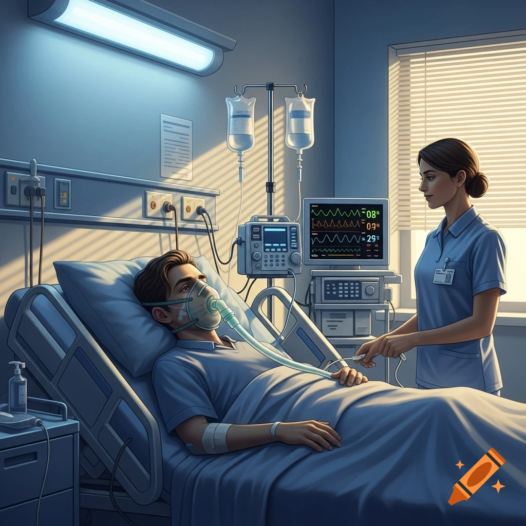 A man lies in a hospital bed with an oxygen mask and IV, while a nurse stands by a patient monitor, in a clean hospital room.