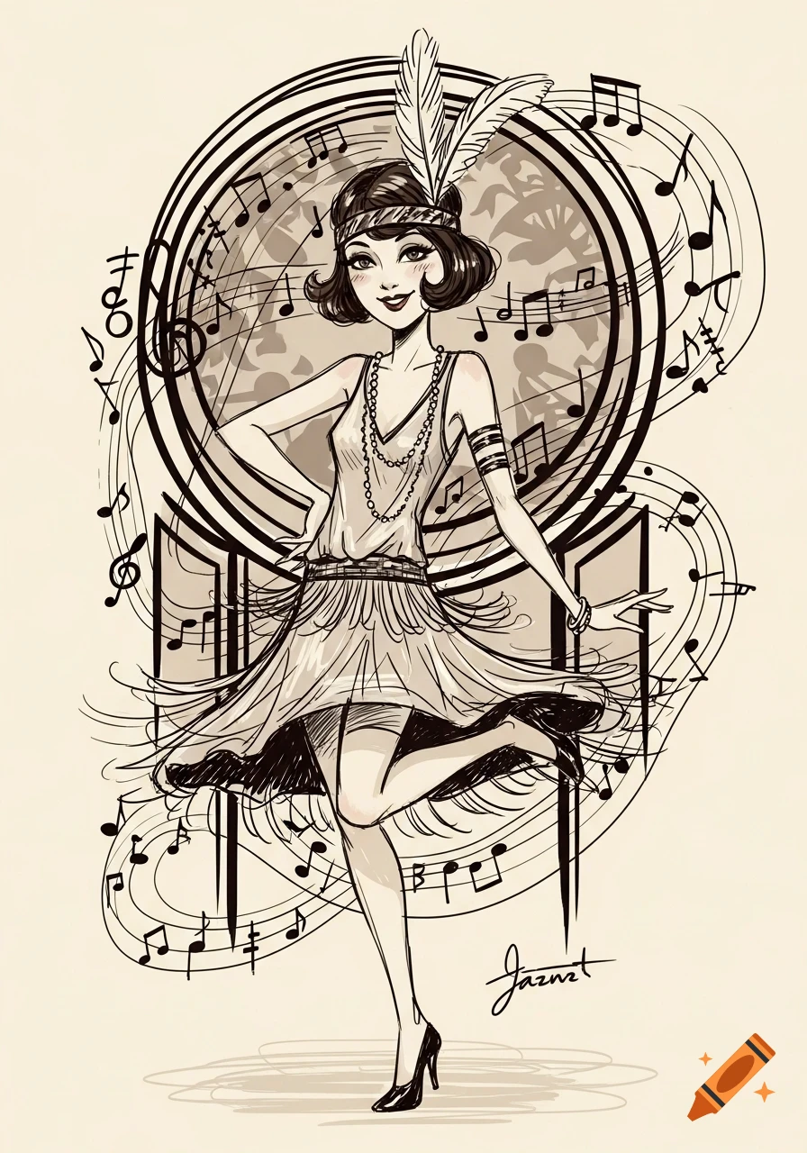 A whimsical sketch of a flapper woman in a fringed dress, headband with a feather, and long necklace, dancing amidst musical notes.
