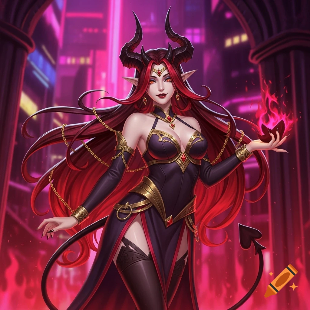 A confident succubus overlord with red hair, horns, and glowing eyes, wearing a dark and gold outfit, holds red fire against a neon cityscape in a stylized art style.