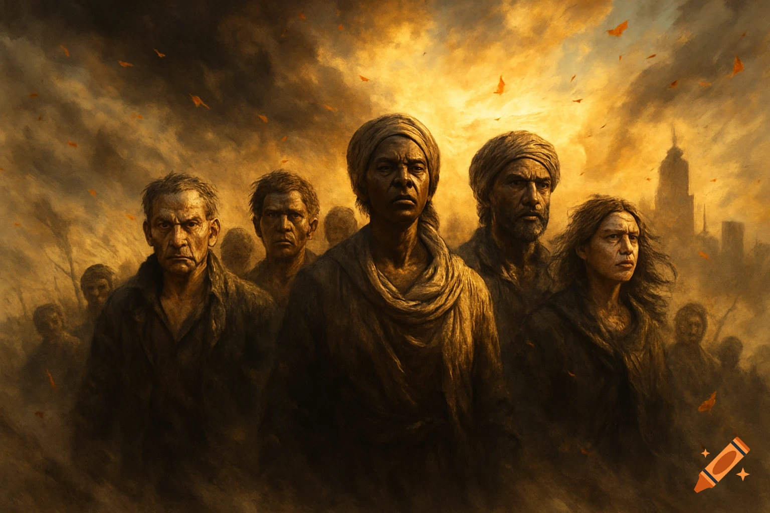 A dramatic painting depicts a diverse group of somber, determined people, some wrapped in cloths, standing against a fiery, smoke-filled sky with a distant city skyline in the background, suggesting a catastrophic event or struggle.