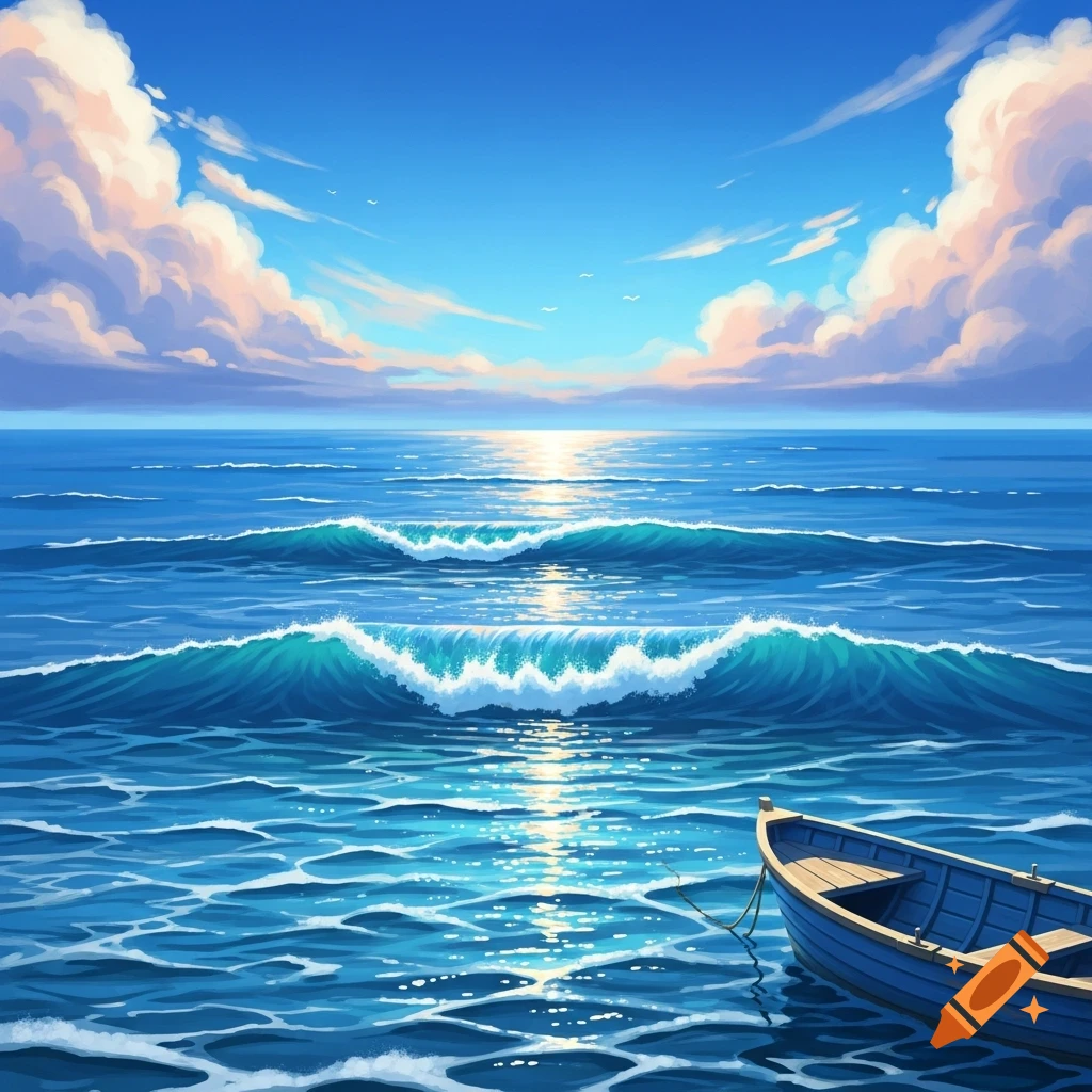 A serene blue ocean scene with a small blue boat, gentle waves, and a bright sun path under a cloudy blue sky, in a vibrant painted style.