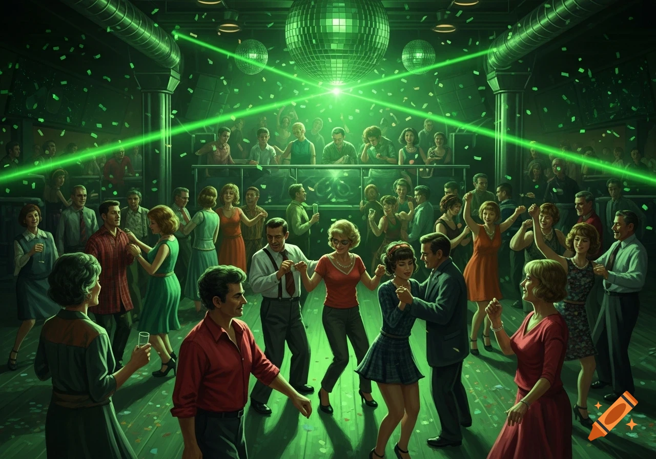 Vibrant illustration of a crowded disco dance floor with people dancing under green laser lights, disco balls, and confetti.