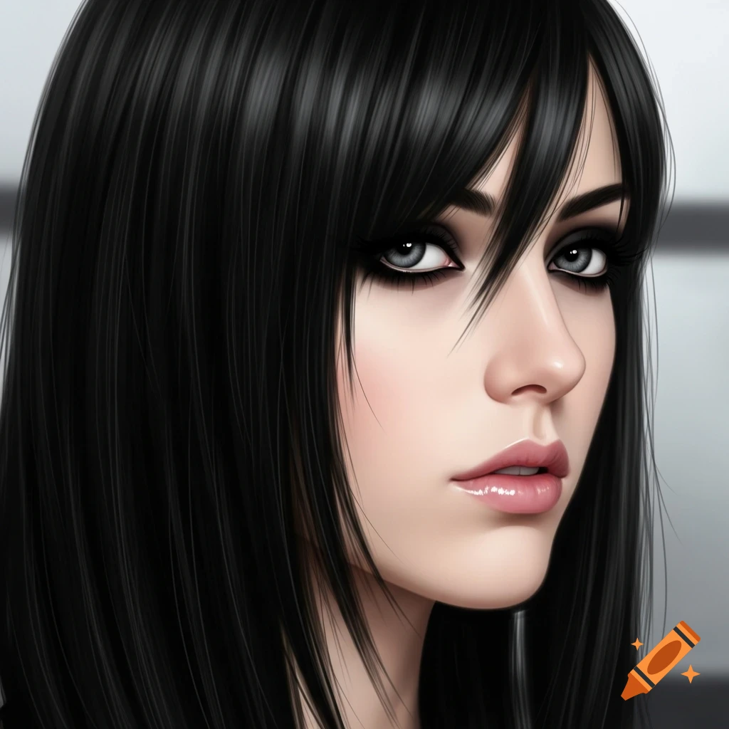 Stylized close-up illustration of a girl with long black hair and heavy black eyeliner, in an emo scene style.
