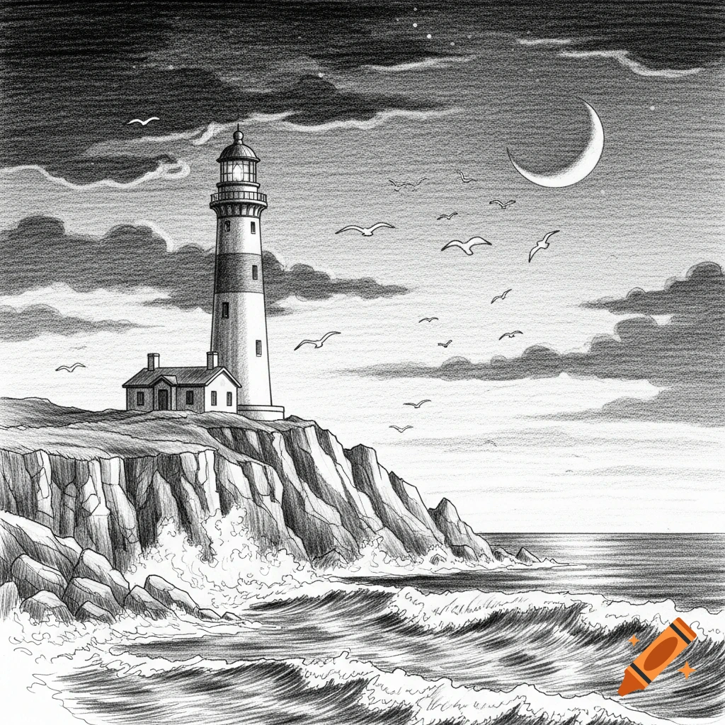A detailed black and white pencil drawing of a lighthouse on a rocky cliff overlooking a wavy sea under a crescent moon.