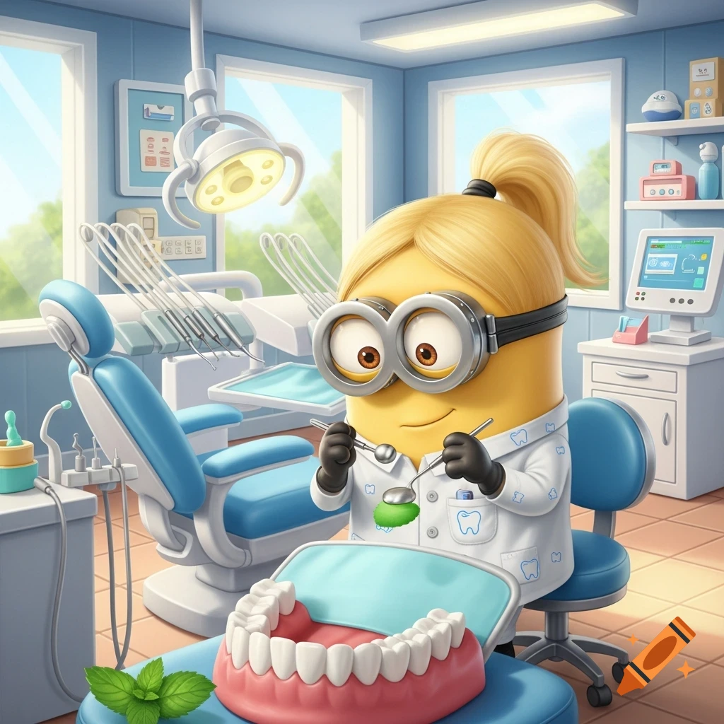 A blonde minion wearing a white lab coat and goggles holds dental tools over a model set of teeth in a bright dental office.