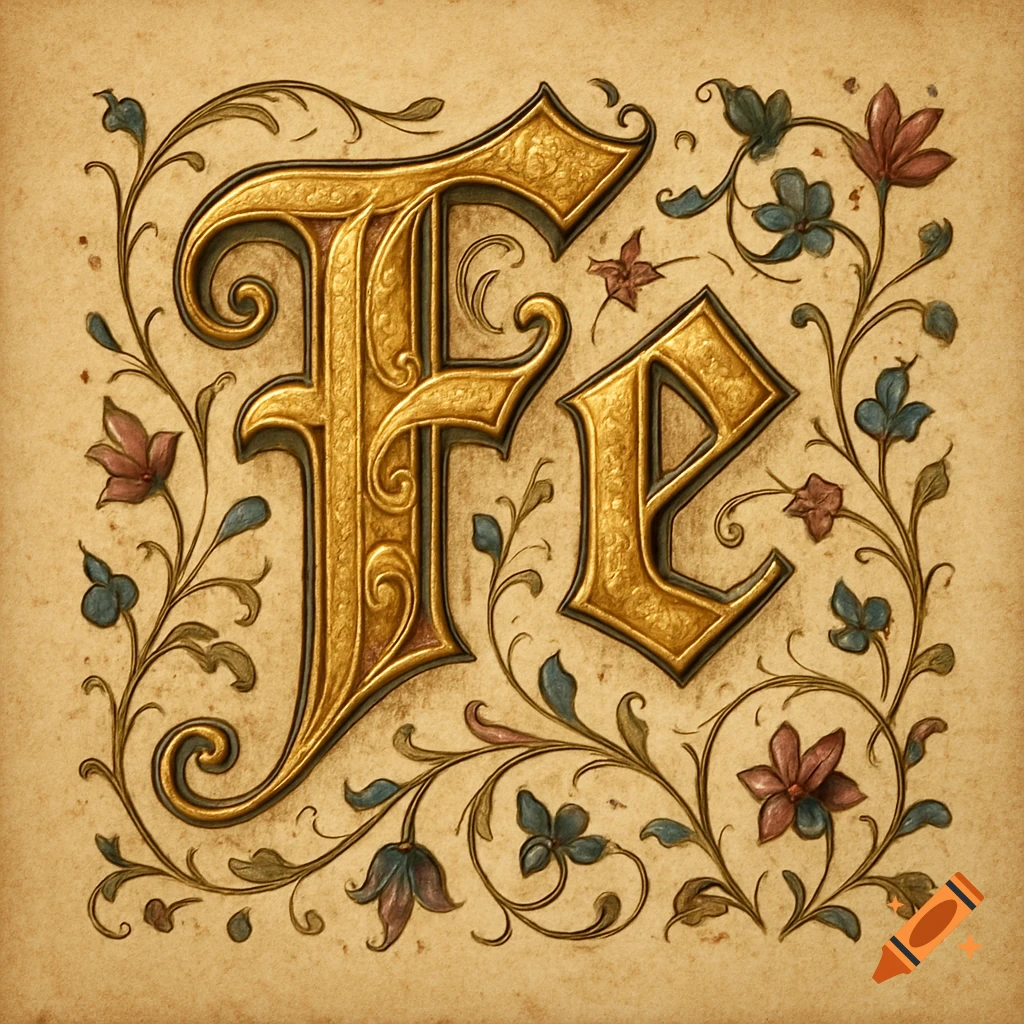 Ornate gilded medieval letter 'Fe' surrounded by floral scrollwork on aged parchment, illuminated manuscript style.