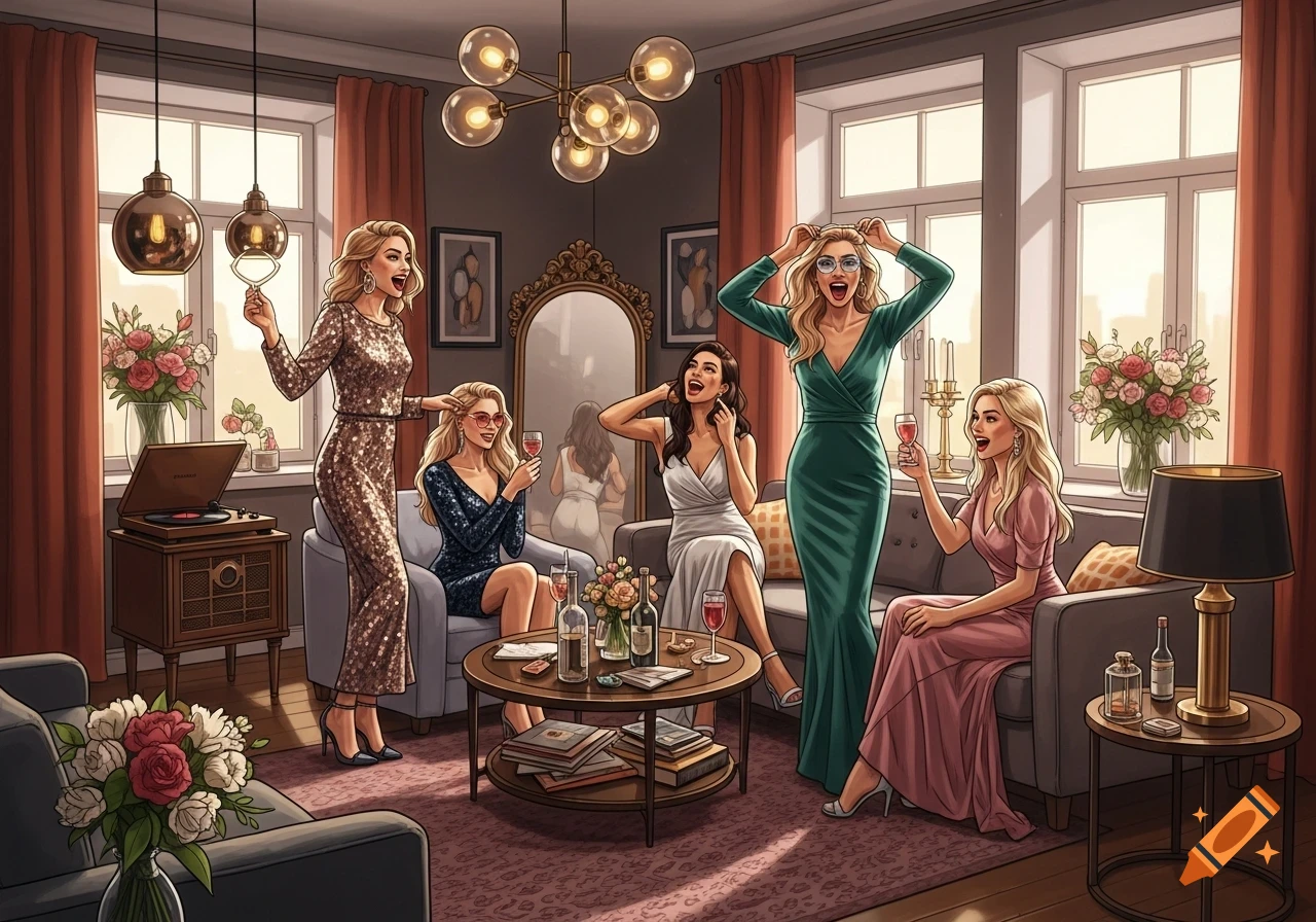Five young women in elegant dresses socialize in a lavish living room, holding wine glasses and laughing.