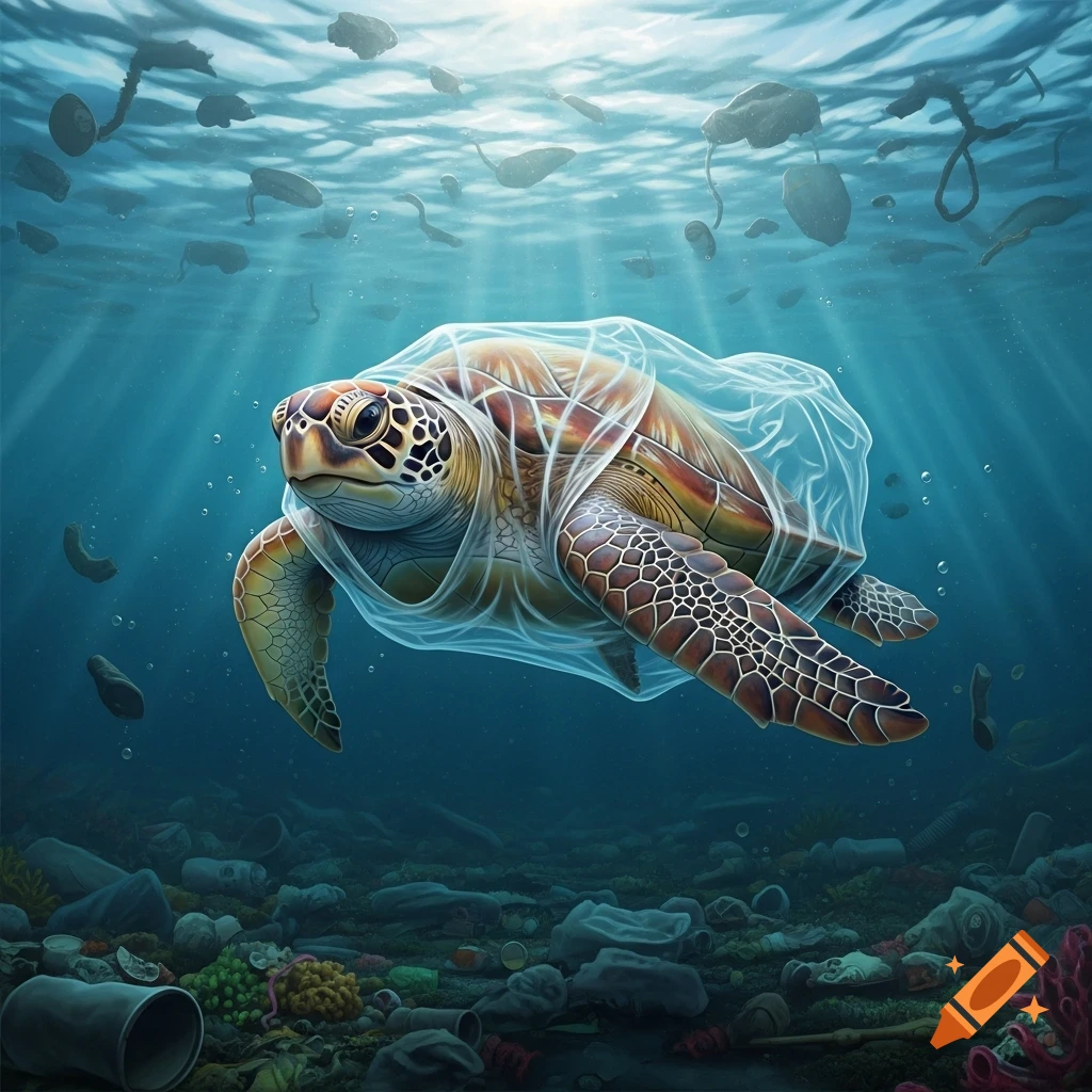A photorealistic illustration of a sea turtle trapped in a plastic bag, swimming in a dark, trash-filled ocean under faint sunlight.