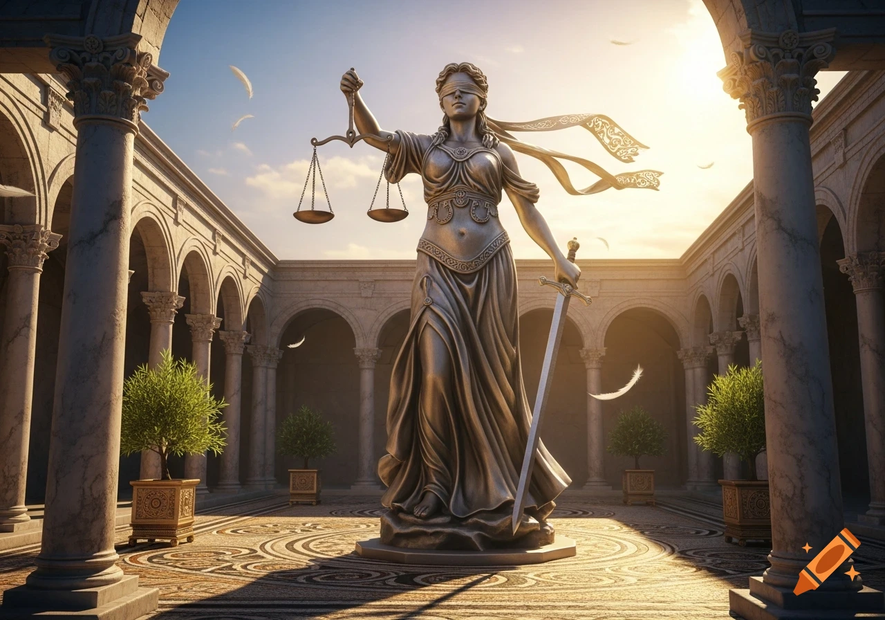 A blindfolded statue of Lady Justice holding scales and a sword, centered in a classical courtyard with pillars and arches at sunset.