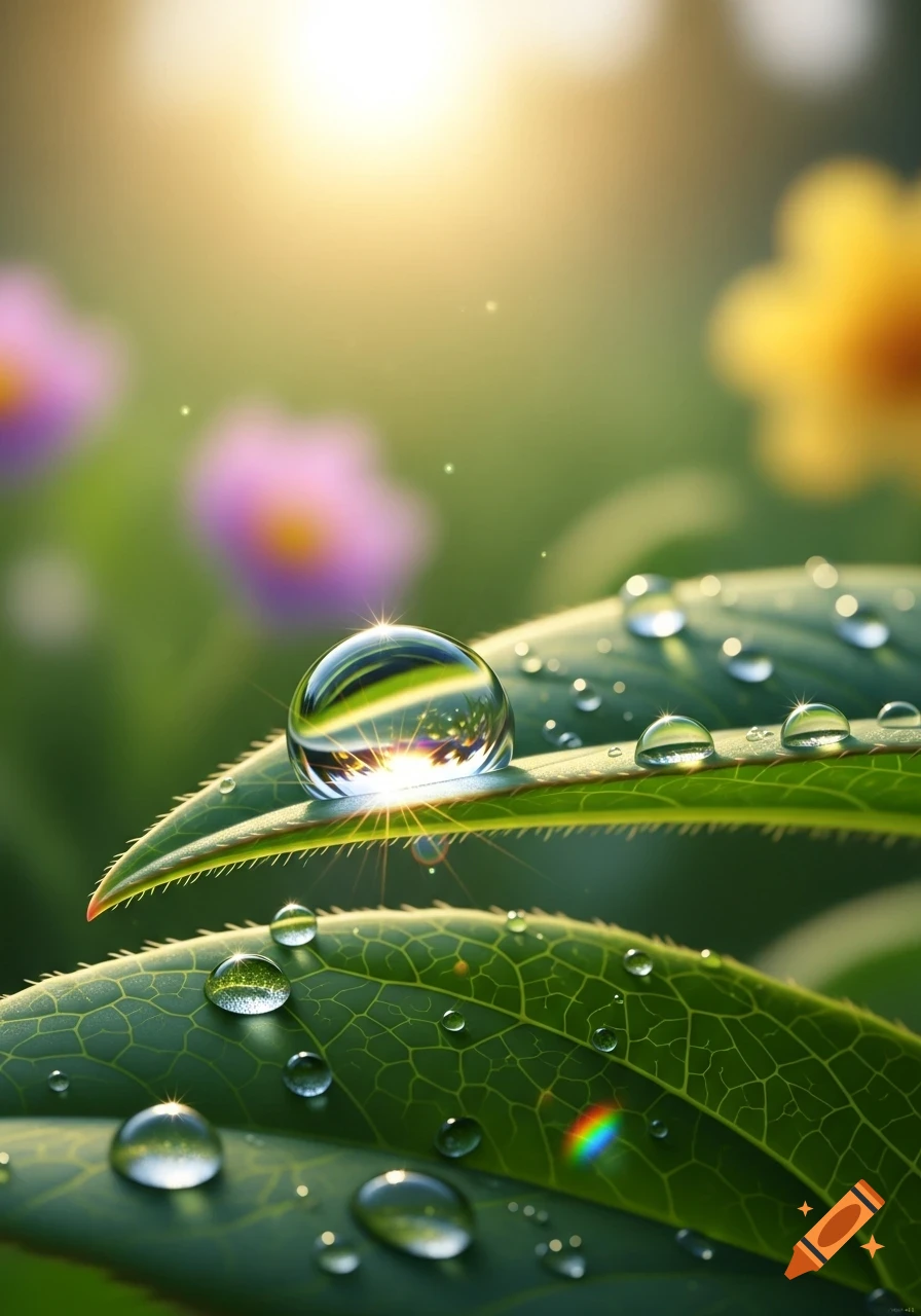 Close-up of bright water drops glistening on green leaves with soft bokeh flowers in the background.