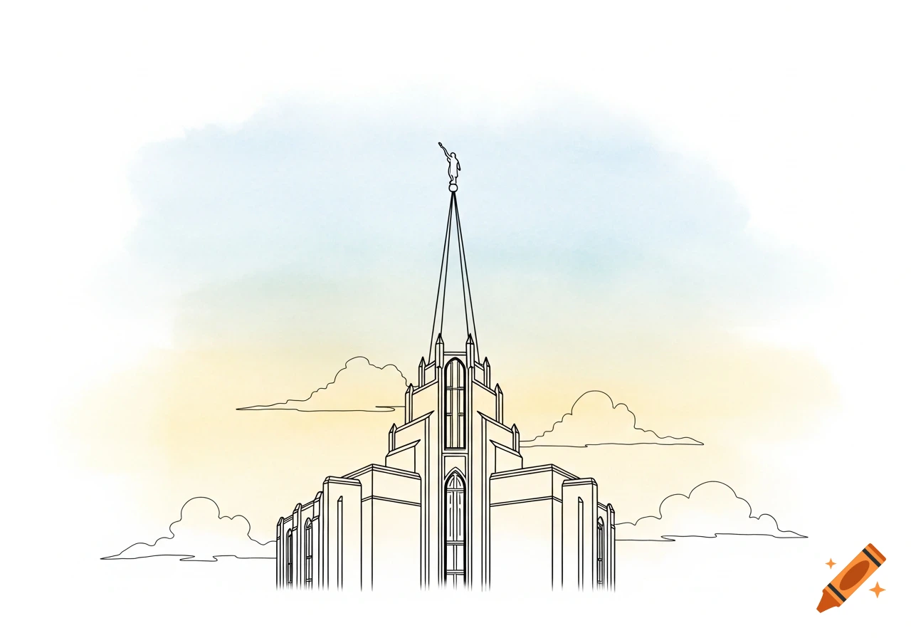 Line art illustration of a tall, white temple with a spire topped by a figure, under a blue and yellow watercolor sky.