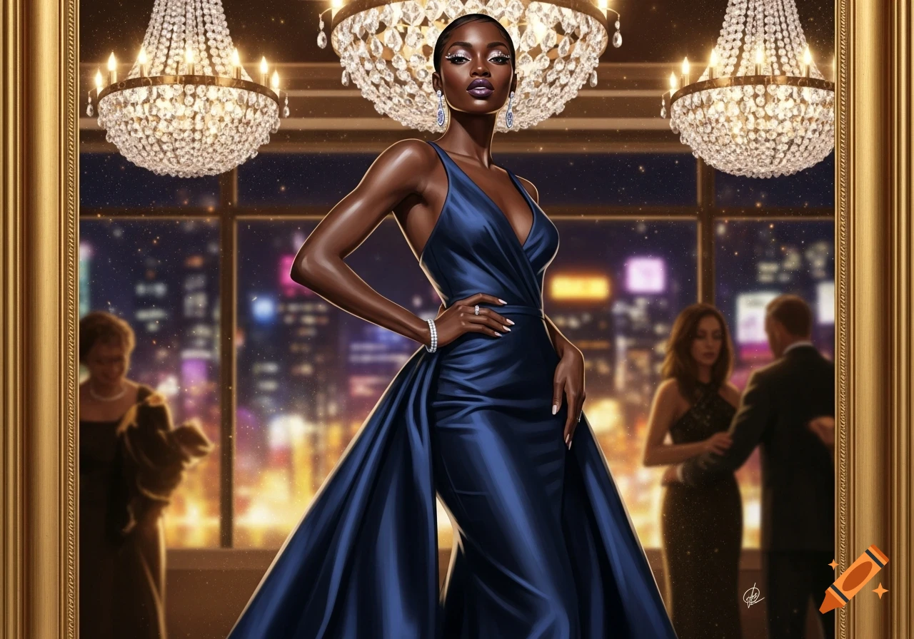 A glamorous Black woman in a shimmering navy blue gown and diamond jewelry, posing elegantly indoors with chandeliers and a city skyline background.