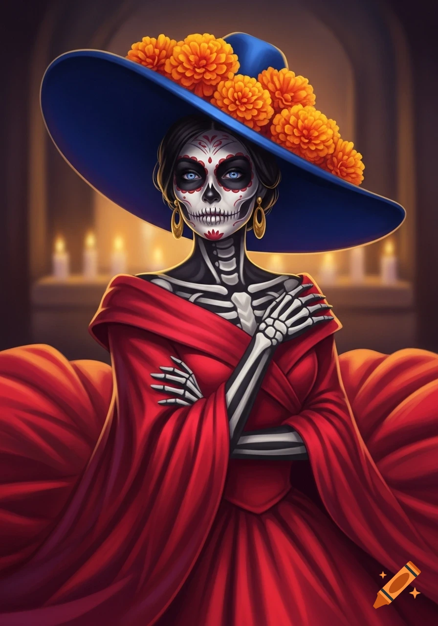 A stylized illustration of a Catrina with skeleton makeup, a red dress, and a blue hat adorned with orange marigold flowers.