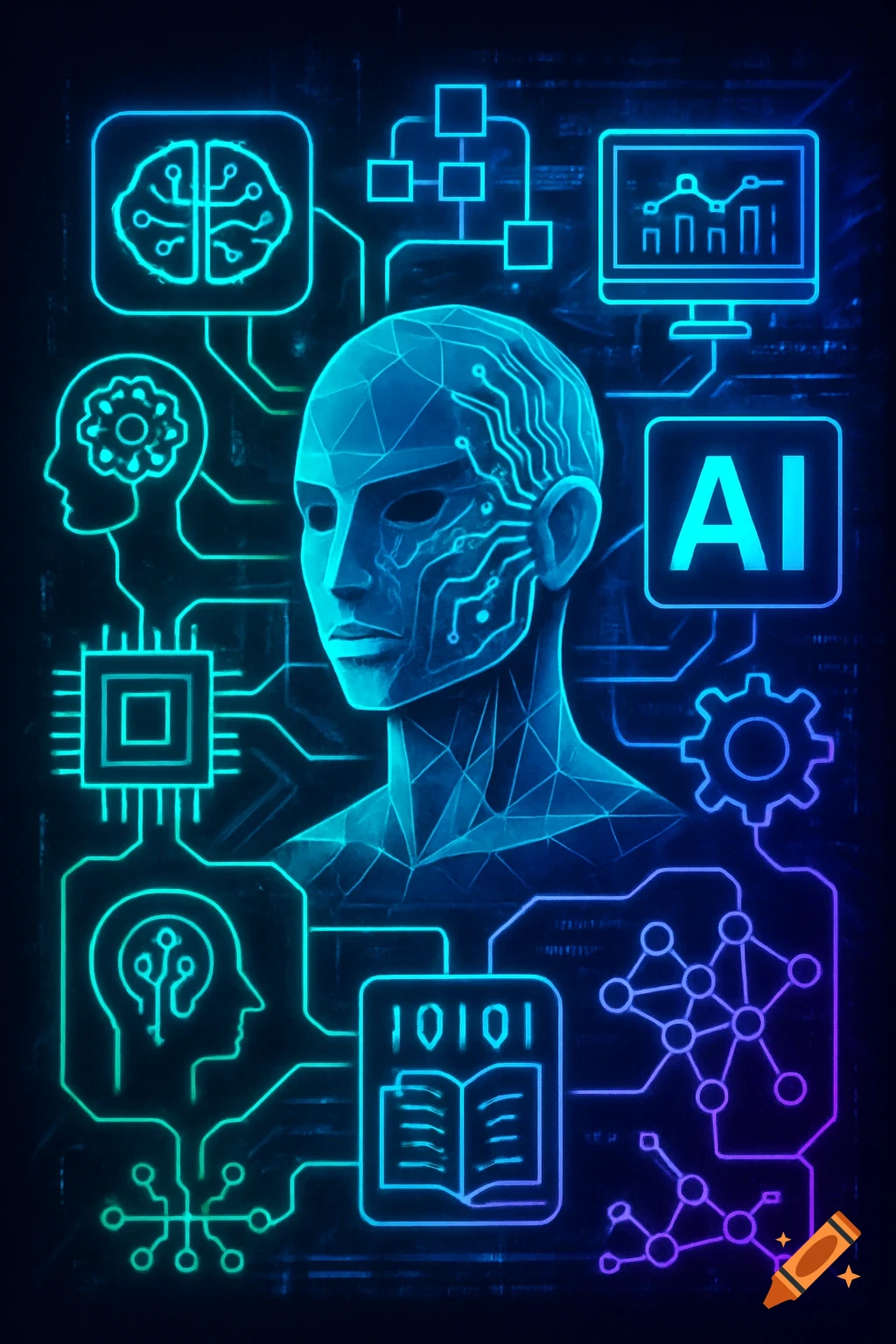 Futuristic digital art poster with a glowing human head, circuits, and neon symbols representing AI and technology.