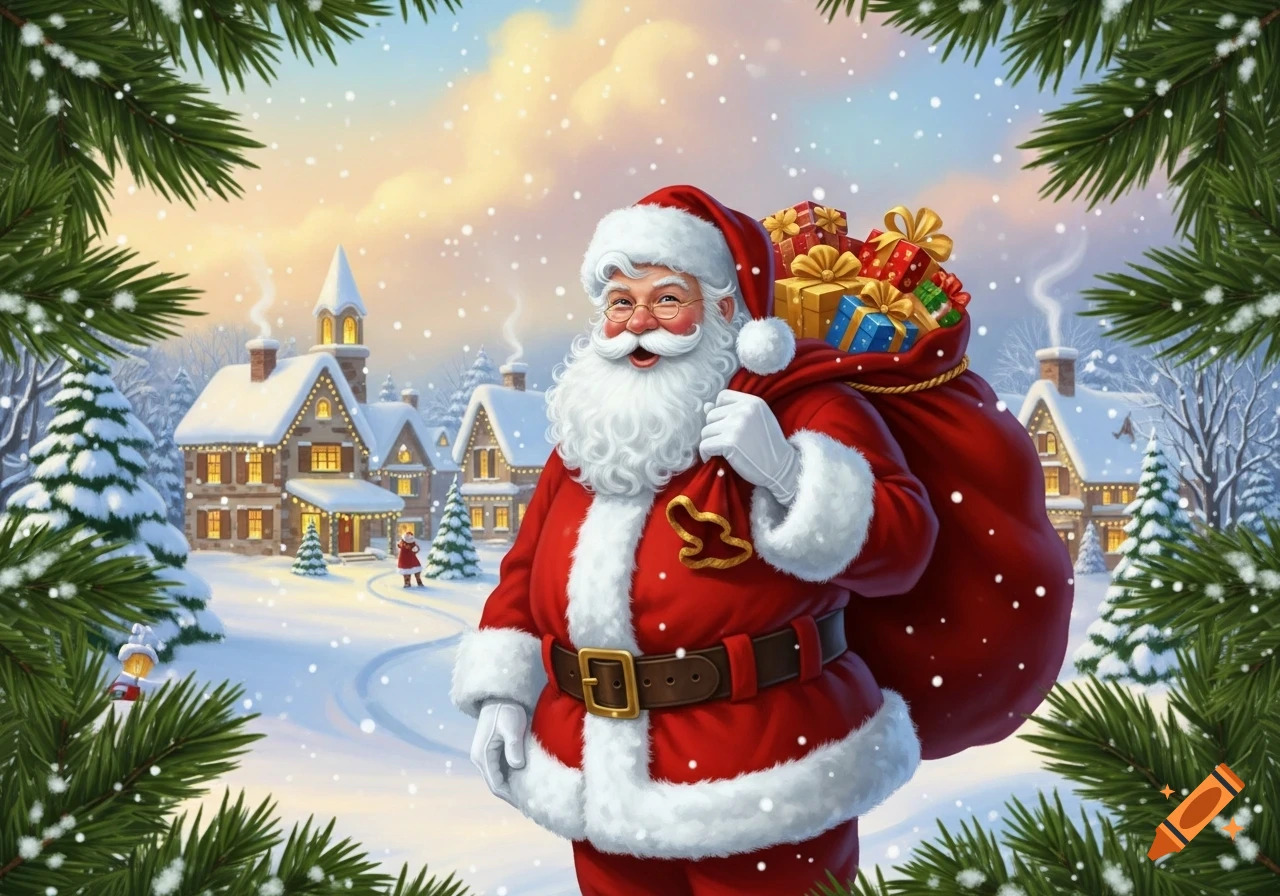 A cheerful Santa Claus holds a large bag of presents in a snowy Christmas village scene, framed by pine branches.